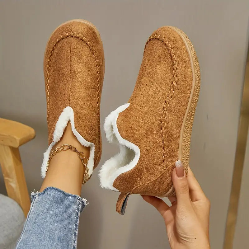 "Bottines femme à enfiler avec doublure fleece, bout rond et talon plat, chaudes pour hiver et automne."