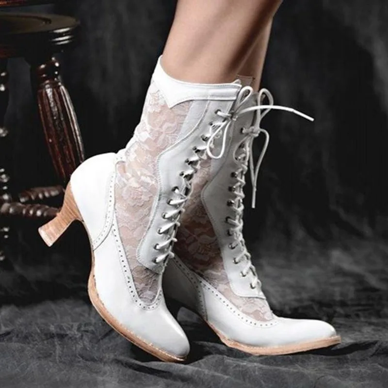 Bottines vintage pour femmes, talon haut, bout pointu, lacets élégants, cuir synthétique, chic et confort pour l'hiver.