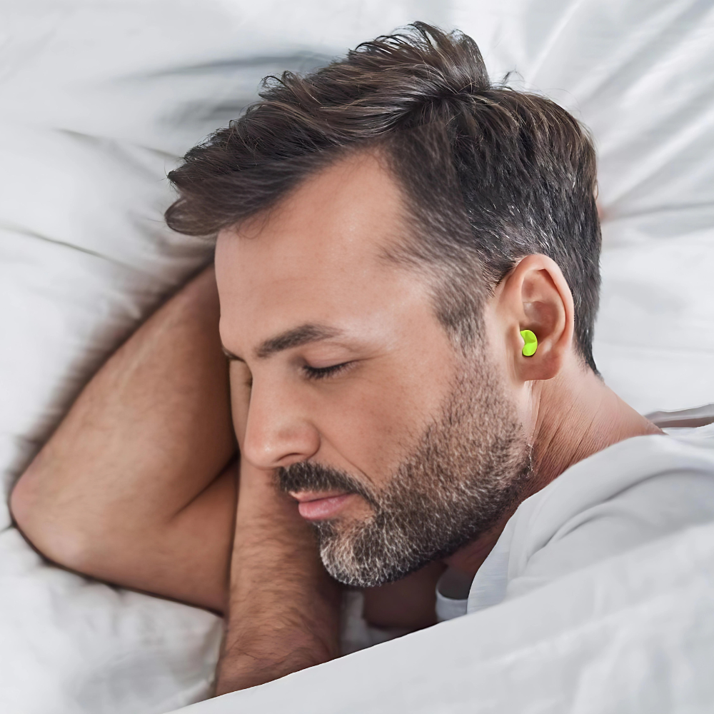 Bouchons d'oreilles silicone hypoallergénique, réduction de bruit 30 dB, jaune et bleu, confort optimal, étui inclus.