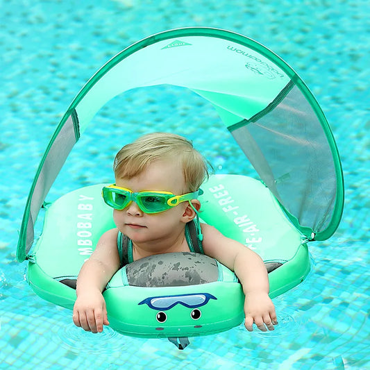 Bouée bébé bleue avec parasol UV et siège ergonomique, sécurité enfant, idéale piscine.
