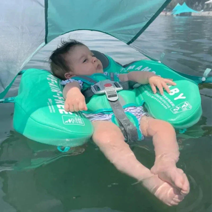 Bouée bébé bleue avec parasol UV et siège ergonomique, sécurité enfant, idéale piscine.