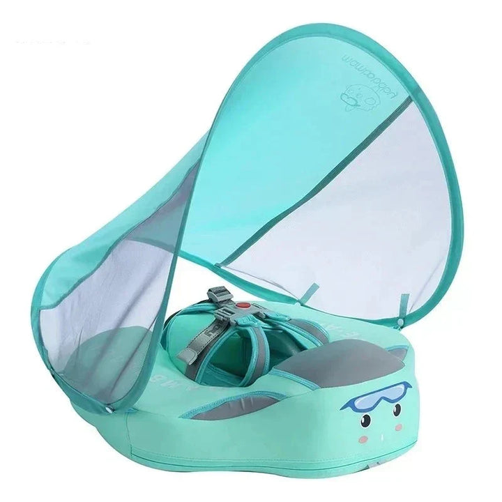 Bouée bébé bleue avec parasol UV et siège ergonomique, sécurité enfant, idéale piscine.
