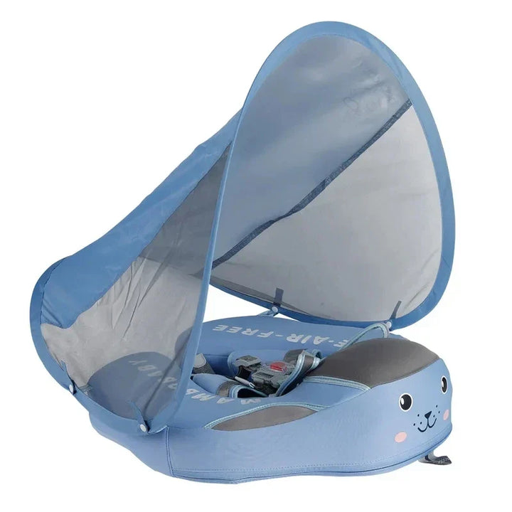 Bouée bébé bleue avec parasol UV et siège ergonomique, sécurité enfant, idéale piscine.