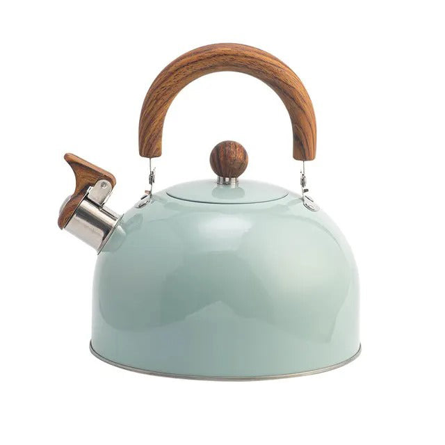Bouilloire à sifflet inox 3L, design moderne, noire, sur cuisinière à induction. Élégante, sécurité optimale.