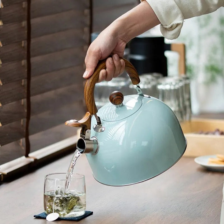 Bouilloire à sifflet inox 3L, design moderne, noire, sur cuisinière à induction. Élégante, sécurité optimale.