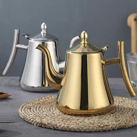 Bouilloire induction en acier inoxydable, haute capacité, filtre intégré, finition élégante idéale pour cuisine moderne.