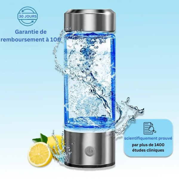 "Bouteille élégante d'eau hydrogène antioxydante, design moderne et technologie électrolyse pour mieux-être."