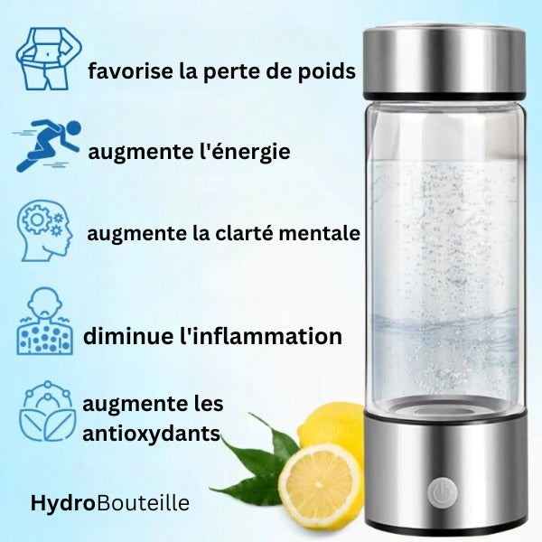 "Bouteille élégante d'eau hydrogène antioxydante, design moderne et technologie électrolyse pour mieux-être."