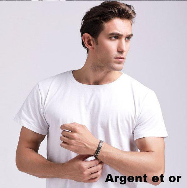 "Bracelet magnétique élégant en noir et argent, avec pierres ocre, offrant équilibre énergétique et bienfaits thérapeutiques.