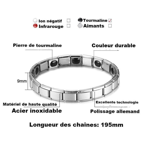 "Bracelet magnétique élégant en noir et argent, avec pierres ocre, offrant équilibre énergétique et bienfaits thérapeutiques.
