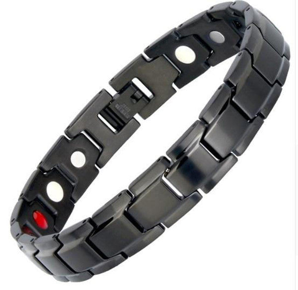 "Bracelet magnétique élégant en noir et argent, avec pierres ocre, offrant équilibre énergétique et bienfaits thérapeutiques.