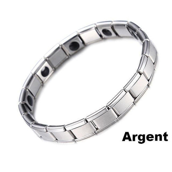 "Bracelet magnétique élégant en noir et argent, avec pierres ocre, offrant équilibre énergétique et bienfaits thérapeutiques.