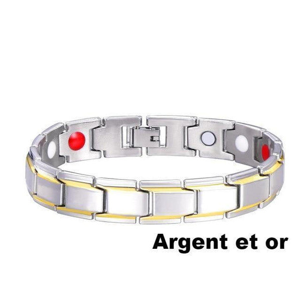 "Bracelet magnétique élégant en noir et argent, avec pierres ocre, offrant équilibre énergétique et bienfaits thérapeutiques.