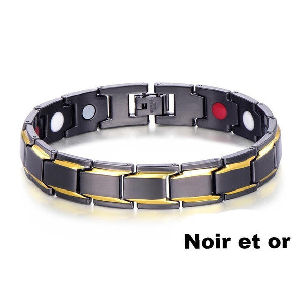 "Bracelet magnétique élégant en noir et argent, avec pierres ocre, offrant équilibre énergétique et bienfaits thérapeutiques.