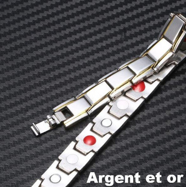 "Bracelet magnétique élégant en noir et argent, avec pierres ocre, offrant équilibre énergétique et bienfaits thérapeutiques.