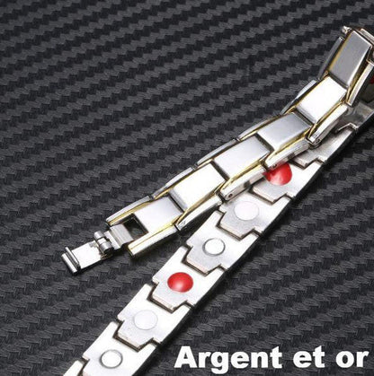 "Bracelet magnétique élégant en noir et argent, avec pierres ocre, offrant équilibre énergétique et bienfaits thérapeutiques.