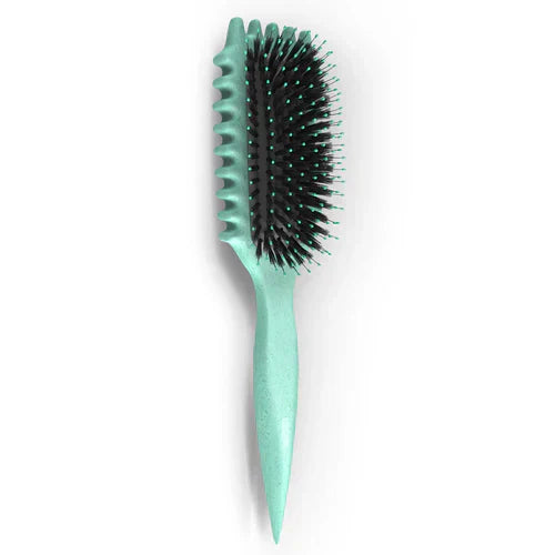 "Brosse coiffante 3-en-1 pour boucles, manche ergonomique, idéale pour dompter frisottis, en blanc laiteux ou vert clair."