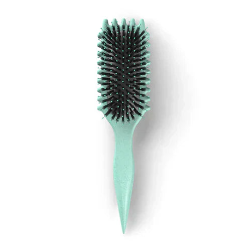 "Brosse coiffante 3-en-1 pour boucles, manche ergonomique, idéale pour dompter frisottis, en blanc laiteux ou vert clair."