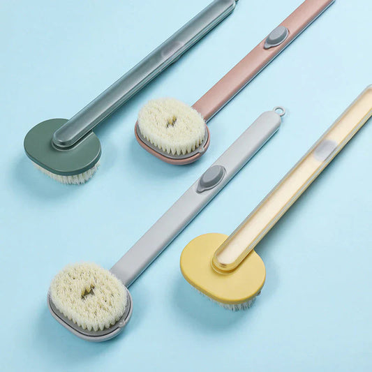 "Brosse de bain ergonomique longue, poils doux, manche antidérapant, facilitant le nettoyage corporel complet sous la douche.
