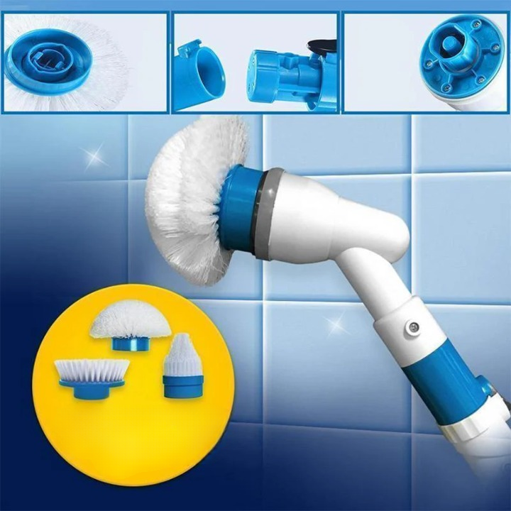 "Brosse de nettoyage électrique ergonomique réutilisable avec poignée blanche et tête rotative pour surfaces multiples"