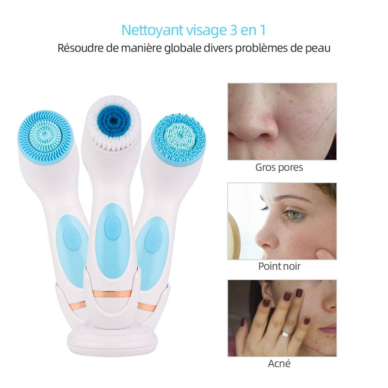 Brosse nettoyante visage 3-en-1 avec têtes nano-poils et silicone, parfait pour peau radieuse et nettoyage en profondeur.