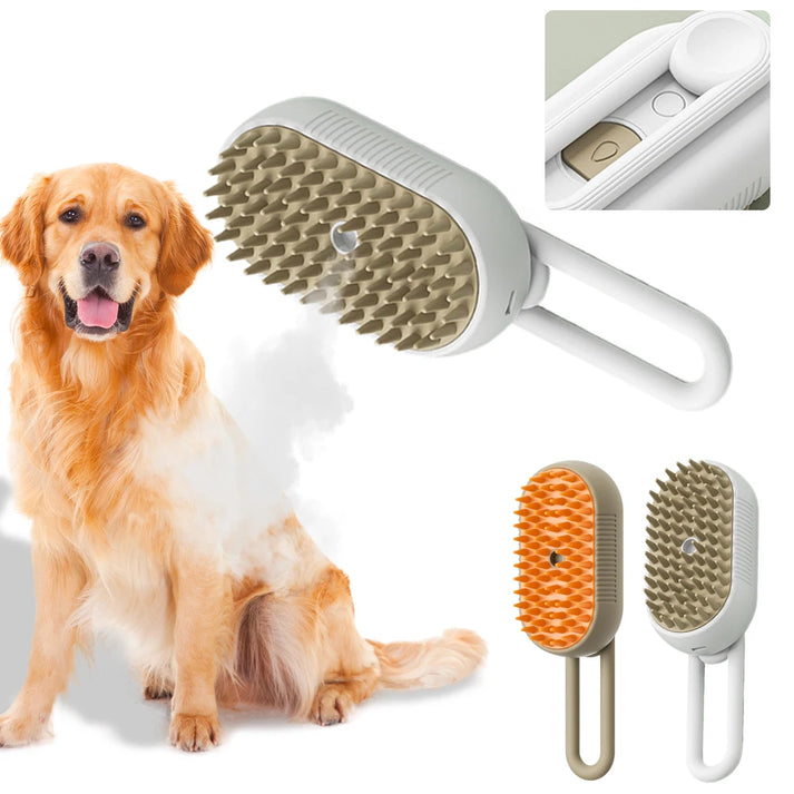 "Brosse vapeur pour chiens rechargeable en blanc, démêle et hydrate le pelage pour un soin doux et relaxant."