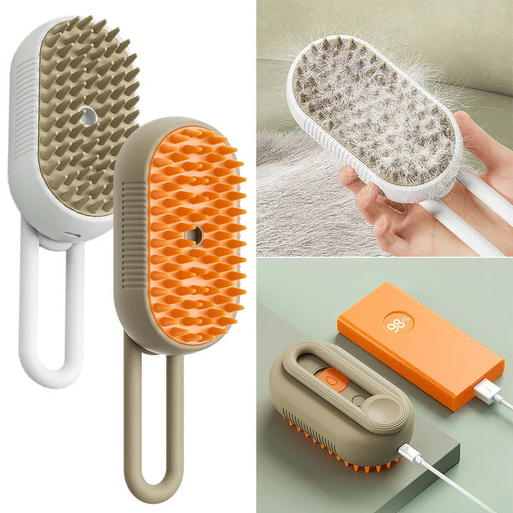 "Brosse vapeur pour chiens rechargeable en blanc, démêle et hydrate le pelage pour un soin doux et relaxant."