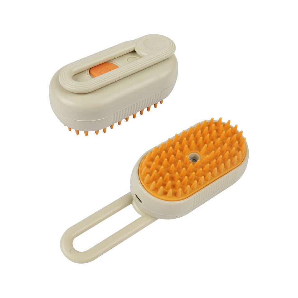 "Brosse vapeur pour chiens rechargeable en blanc, démêle et hydrate le pelage pour un soin doux et relaxant."