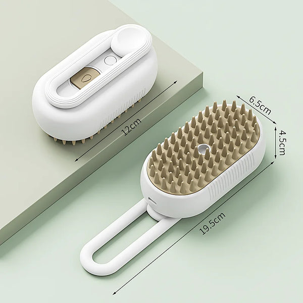 "Brosse vapeur pour chiens rechargeable en blanc, démêle et hydrate le pelage pour un soin doux et relaxant."
