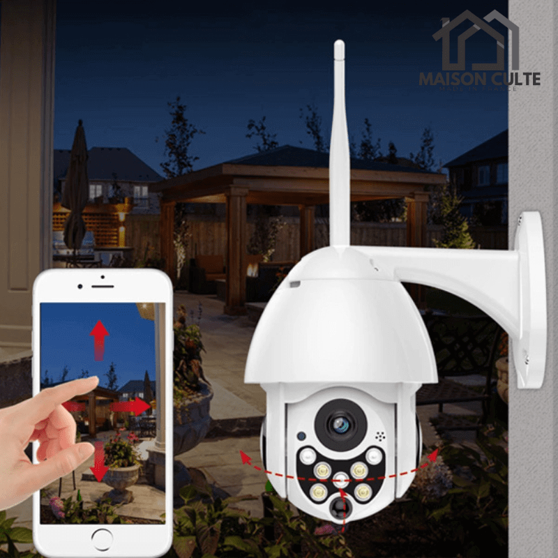 Caméra de sécurité extérieure sans fil, résistante aux intempéries, design discret, surveillance jour et nuit.