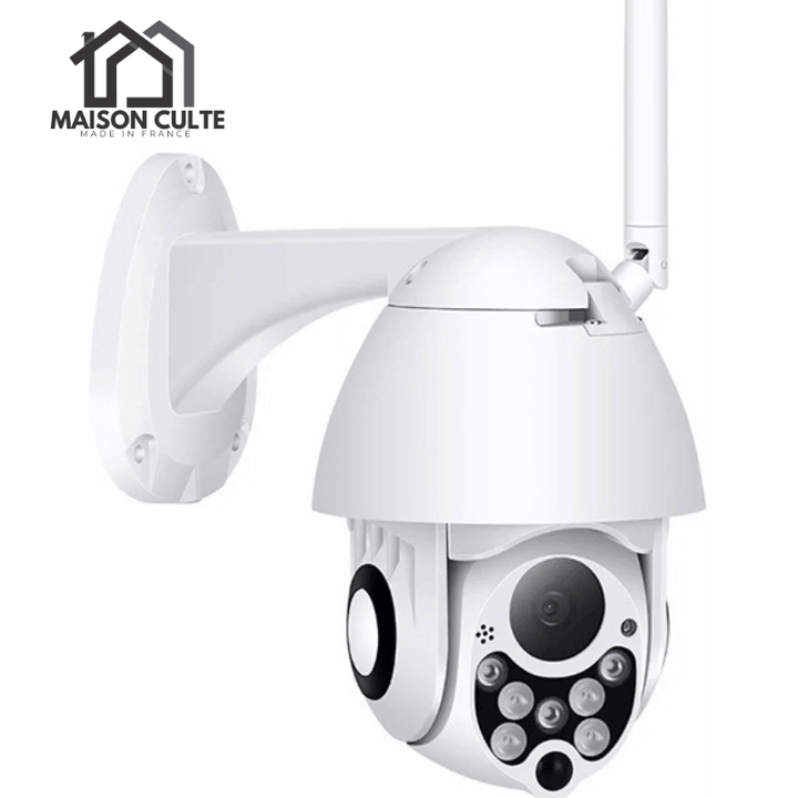 Caméra de sécurité extérieure sans fil, résistante aux intempéries, design discret, surveillance jour et nuit.