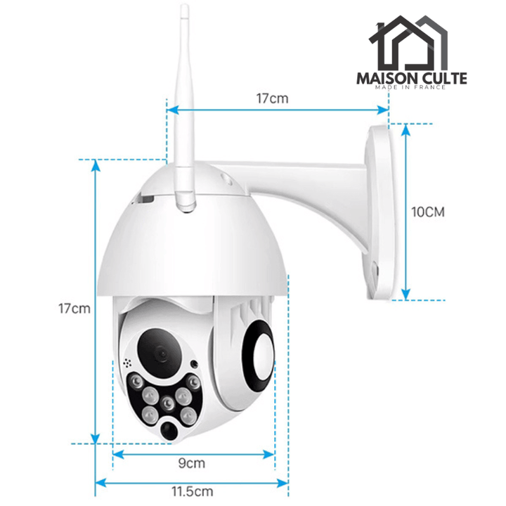 Caméra de sécurité extérieure sans fil, résistante aux intempéries, design discret, surveillance jour et nuit.