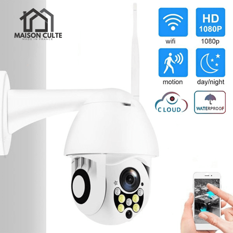 Caméra de sécurité extérieure sans fil, résistante aux intempéries, design discret, surveillance jour et nuit.