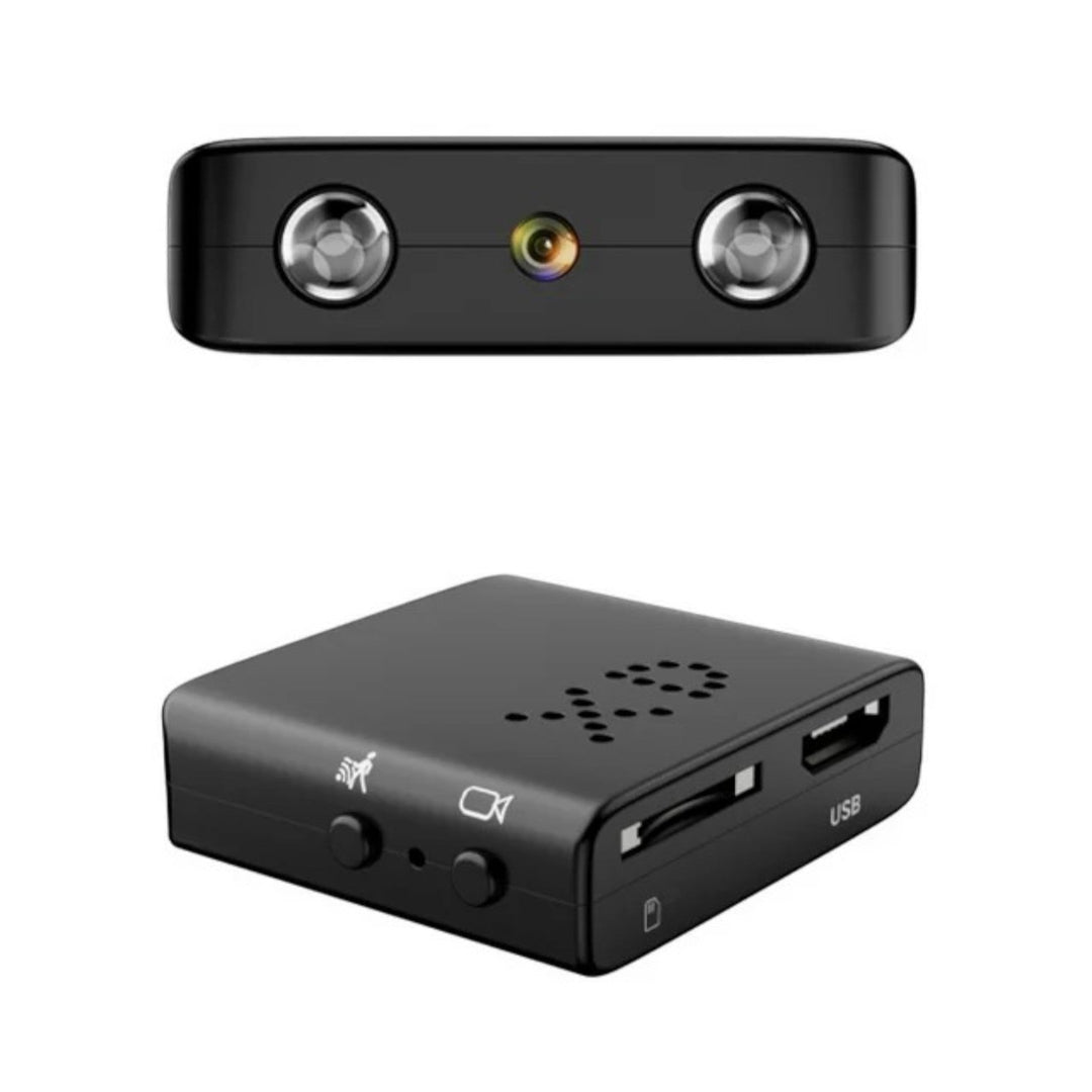 Caméra HD compacte WiFi, vision nocturne, design discret, technologie avancée, vue grand angle, surveillance maison.