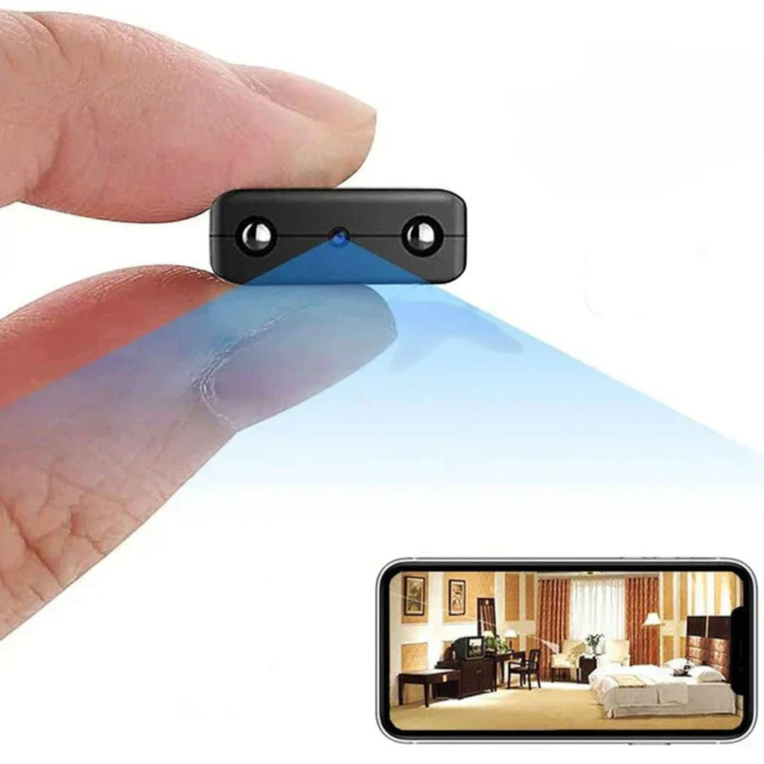 Caméra HD compacte WiFi, vision nocturne, design discret, technologie avancée, vue grand angle, surveillance maison.