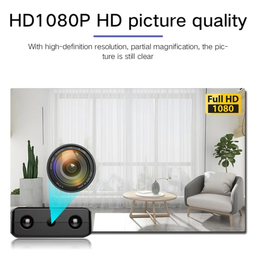 Caméra HD compacte WiFi, vision nocturne, design discret, technologie avancée, vue grand angle, surveillance maison.
