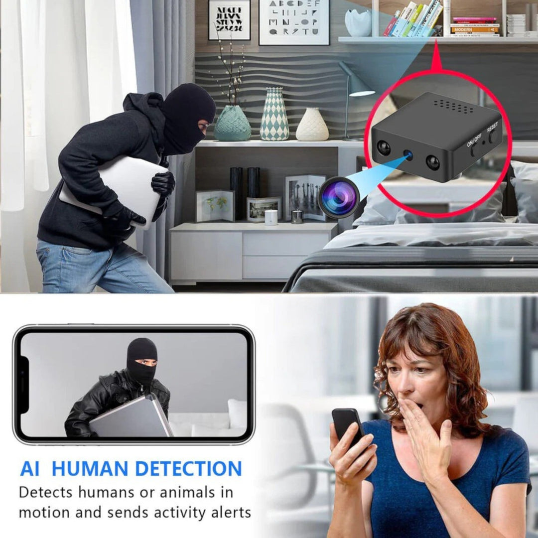 Caméra HD compacte WiFi, vision nocturne, design discret, technologie avancée, vue grand angle, surveillance maison.