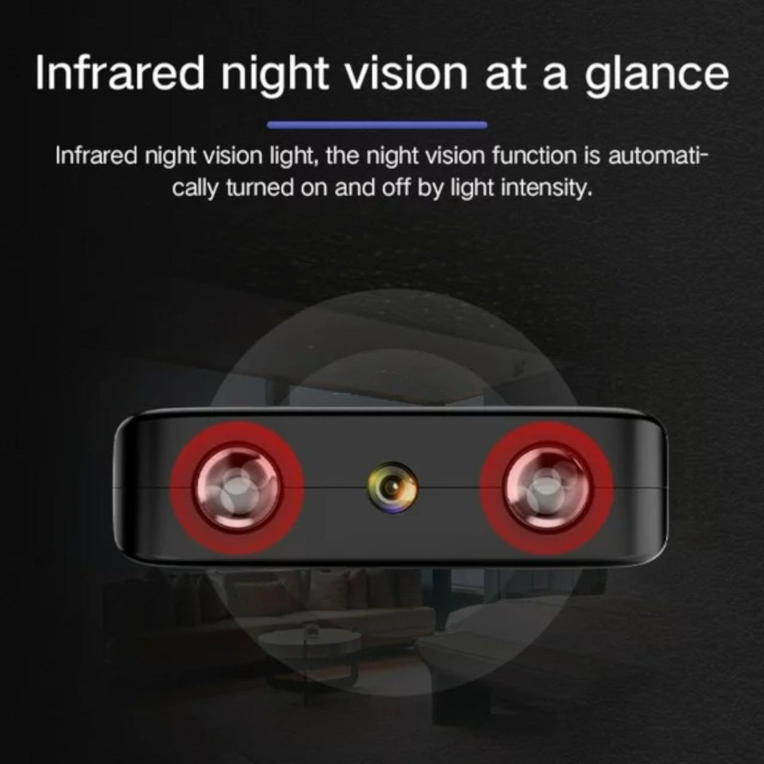 Caméra HD compacte WiFi, vision nocturne, design discret, technologie avancée, vue grand angle, surveillance maison.