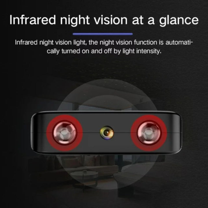 Caméra HD compacte WiFi, vision nocturne, design discret, technologie avancée, vue grand angle, surveillance maison.