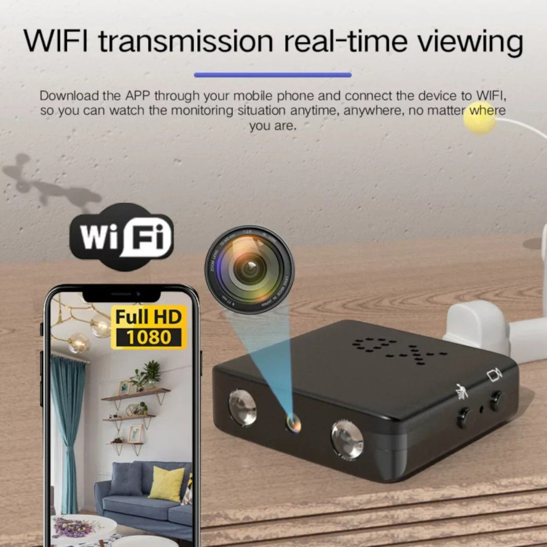 Caméra HD compacte WiFi, vision nocturne, design discret, technologie avancée, vue grand angle, surveillance maison.