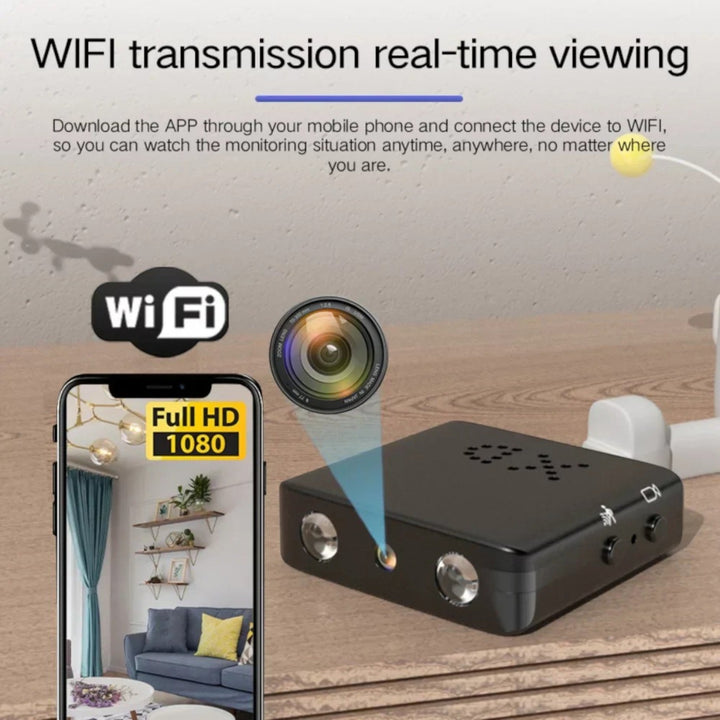 Caméra HD compacte WiFi, vision nocturne, design discret, technologie avancée, vue grand angle, surveillance maison.