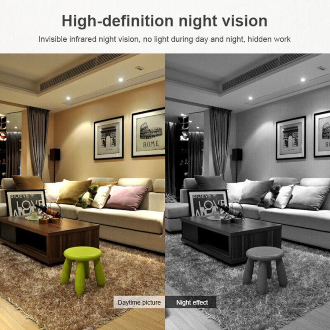 Caméra HD compacte WiFi, vision nocturne, design discret, technologie avancée, vue grand angle, surveillance maison.