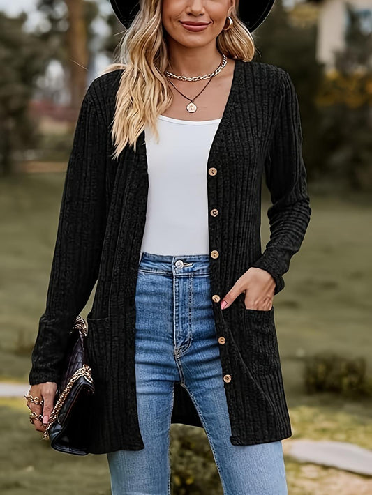 "Cardigan décontracté femme, manches longues, coupe fluide, idéal pour superposer avec style, tissu douillet, polyvalent."