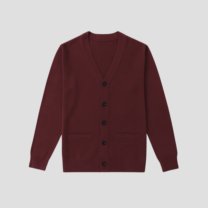 "Cardigan en coton mélangé pour homme, vue de face, col V, coupe ajustée, maille douce et respirante, boutons ton sur ton."