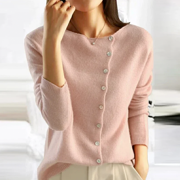 "Cardigan en laine élégant, fermeture latérale, sophistique et confortable pour toutes occasions."