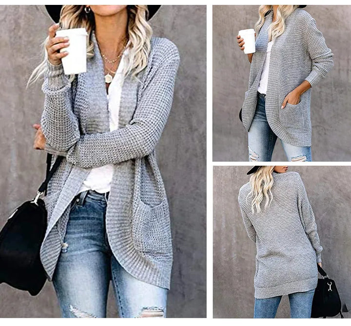 "Cardigan en laine pour femme, doux et élégant, coupe moderne, détail soigné, parfait pour toutes occasions."