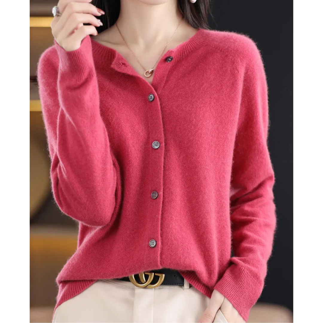 "Cardigan femme en laine mérinos, col rond, manches longues, doux et chaud, couleur chic pour l'hiver élégant"