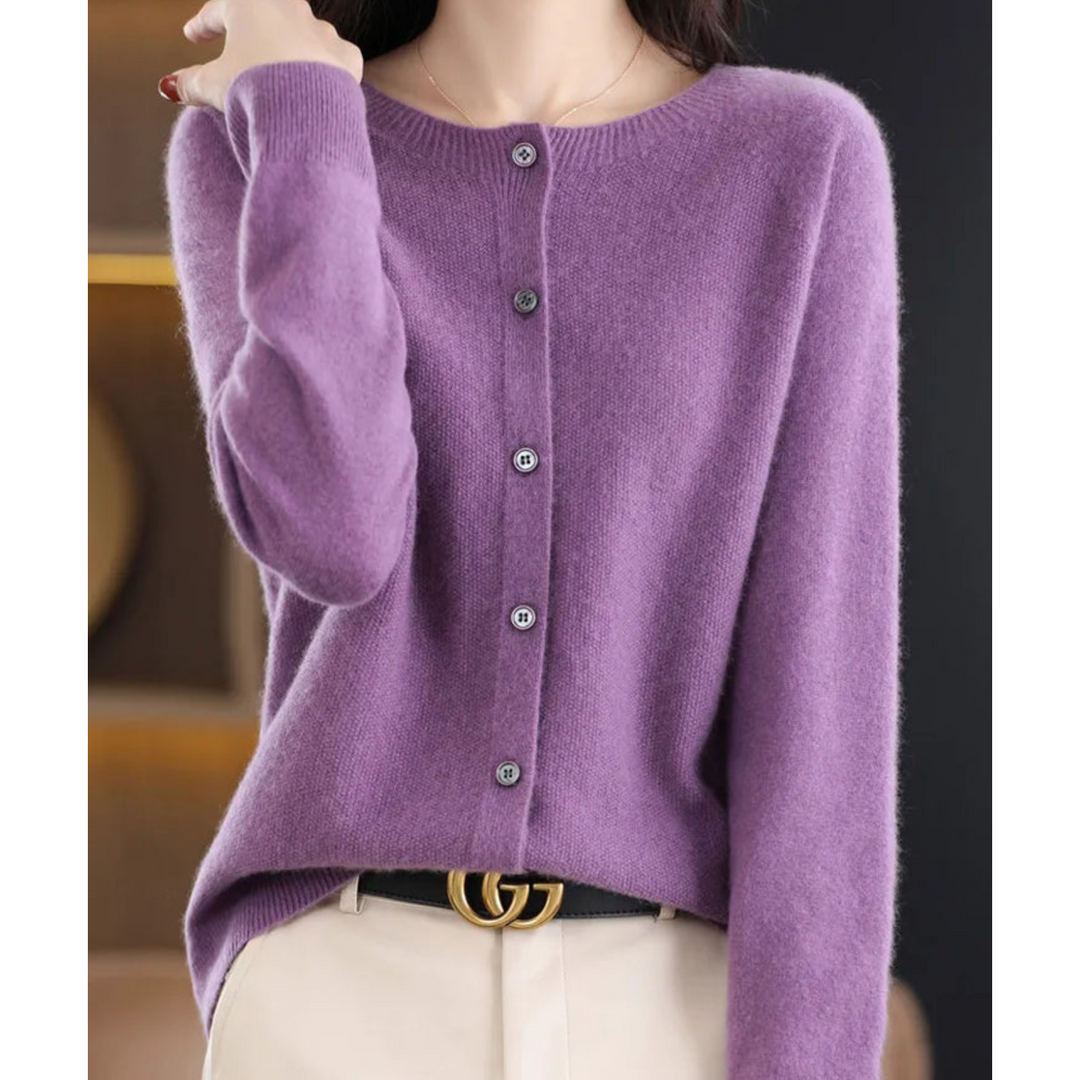 "Cardigan femme en laine mérinos, col rond, manches longues, doux et chaud, couleur chic pour l'hiver élégant"