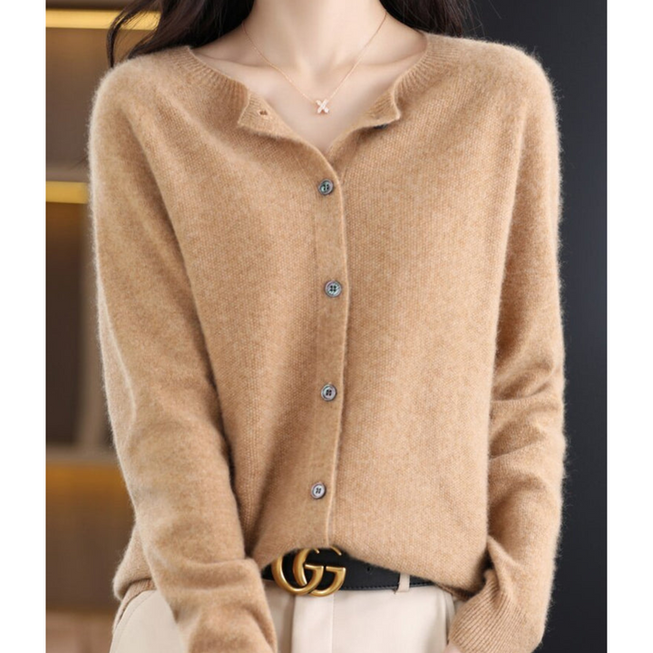 "Cardigan femme en laine mérinos, col rond, manches longues, doux et chaud, couleur chic pour l'hiver élégant"