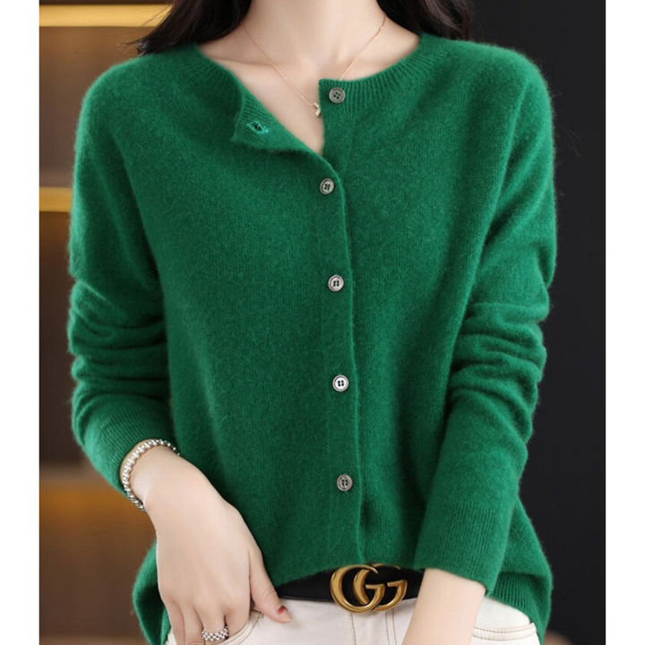 "Cardigan femme en laine mérinos, col rond, manches longues, doux et chaud, couleur chic pour l'hiver élégant"